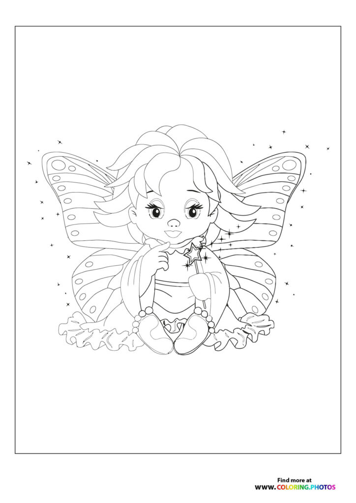 A smiling fairy girl with butterfly wings holding a magical wand, surrounded by sparkles and flowers, coloring page