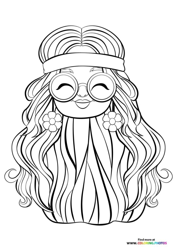 Girl with long wavy hair, round glasses, headband and flower earrings coloring page