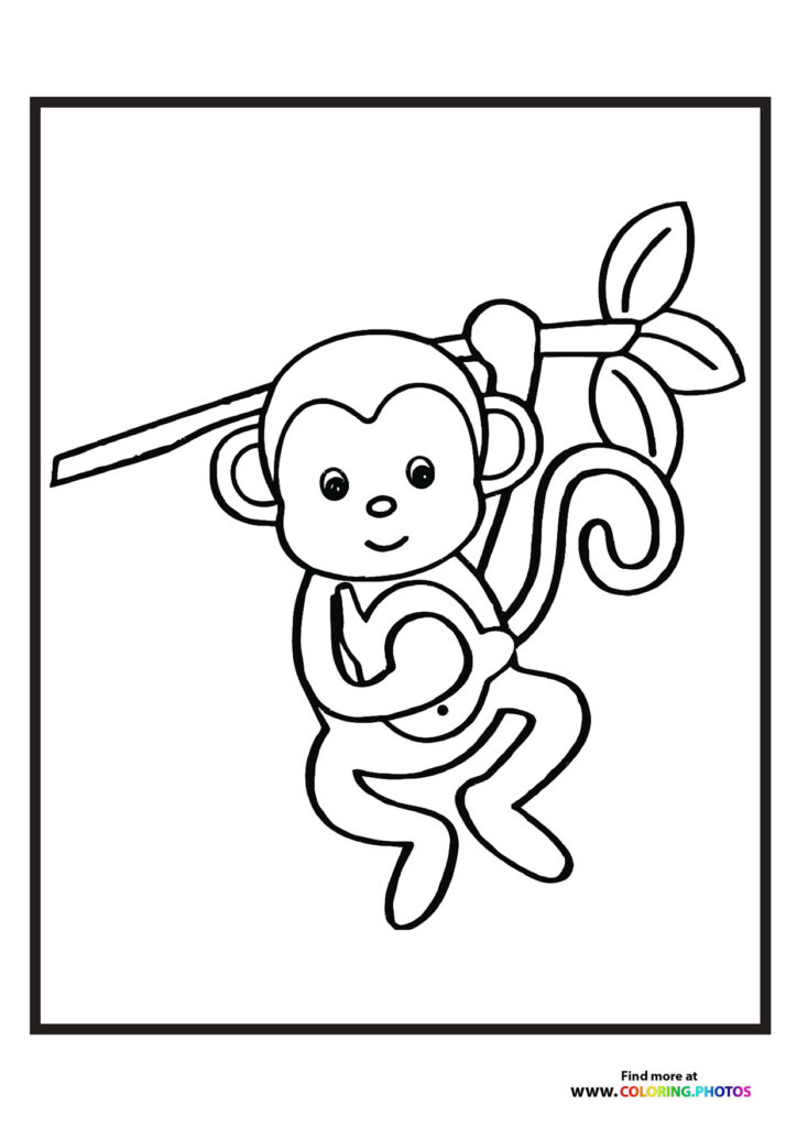 A smiling monkey hanging from a vine with leaves, coloring page