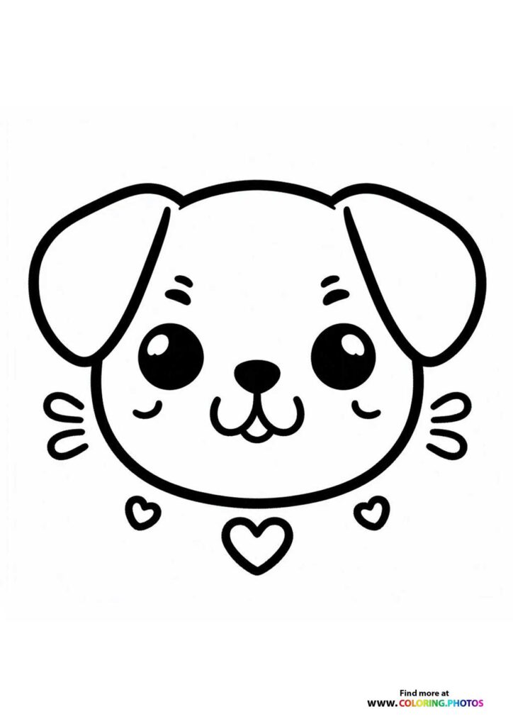 Cute puppy face with floppy ears, big eyes, and hearts coloring page
