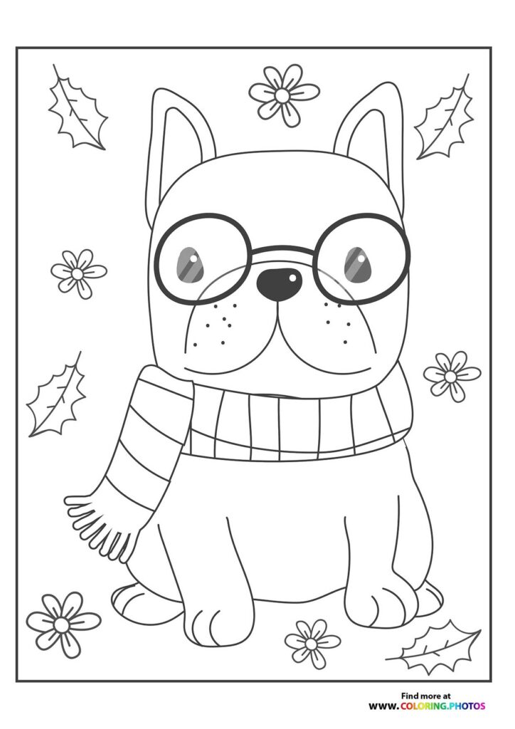 Cute puppy wearing glasses and striped scarf surrounded by flowers and holly leaves coloring page
