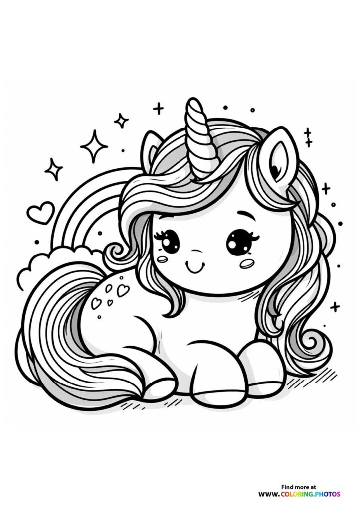 Cute baby unicorn with spiral horn, flowing mane, clouds and sparkles coloring page