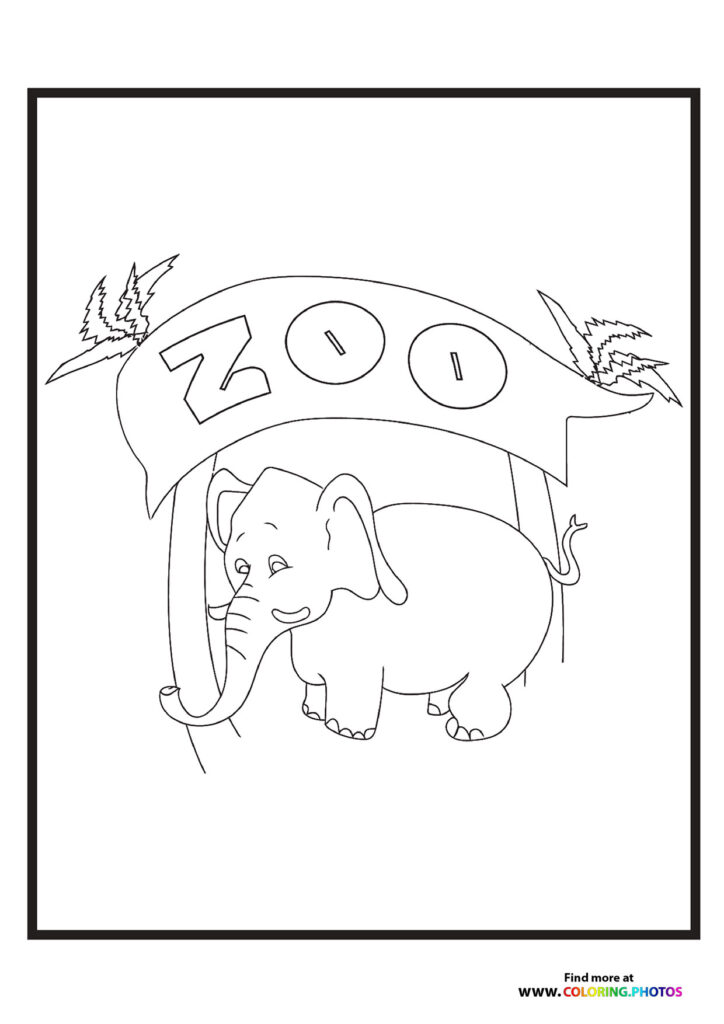 Friendly elephant holding a wooden zoo sign with quirky creatures on top coloring page