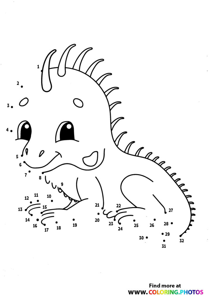 Friendly dragon with spiky back and toothy smile, 32-dot advanced connect-the-dots activity