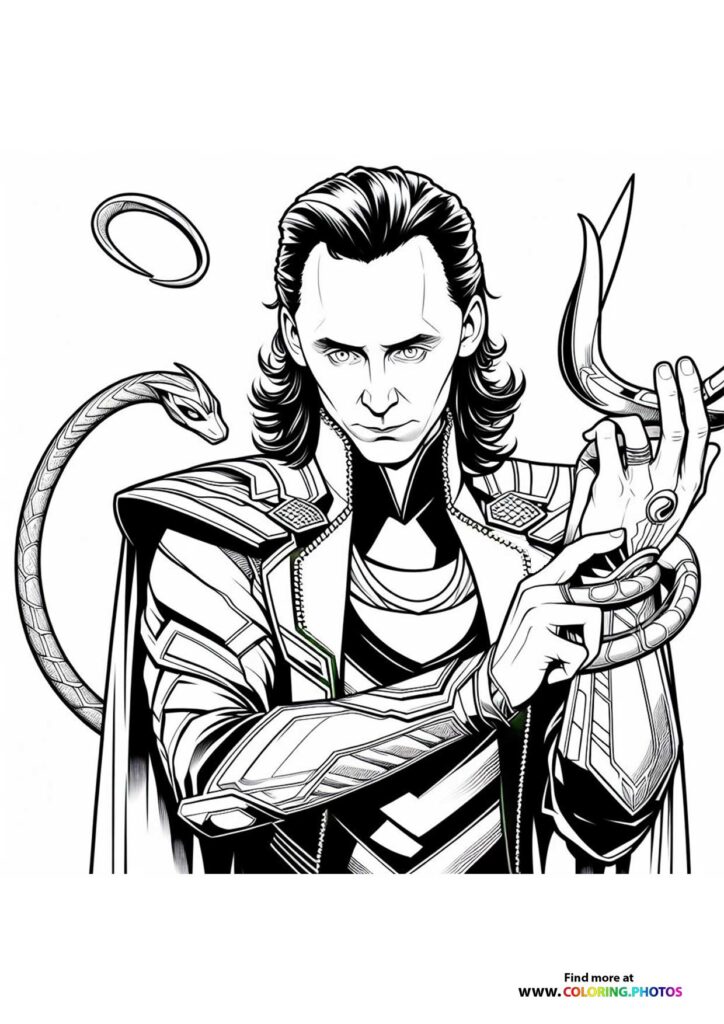 Loki in ornate armor holding his scepter with curved horns coloring page from Marvel