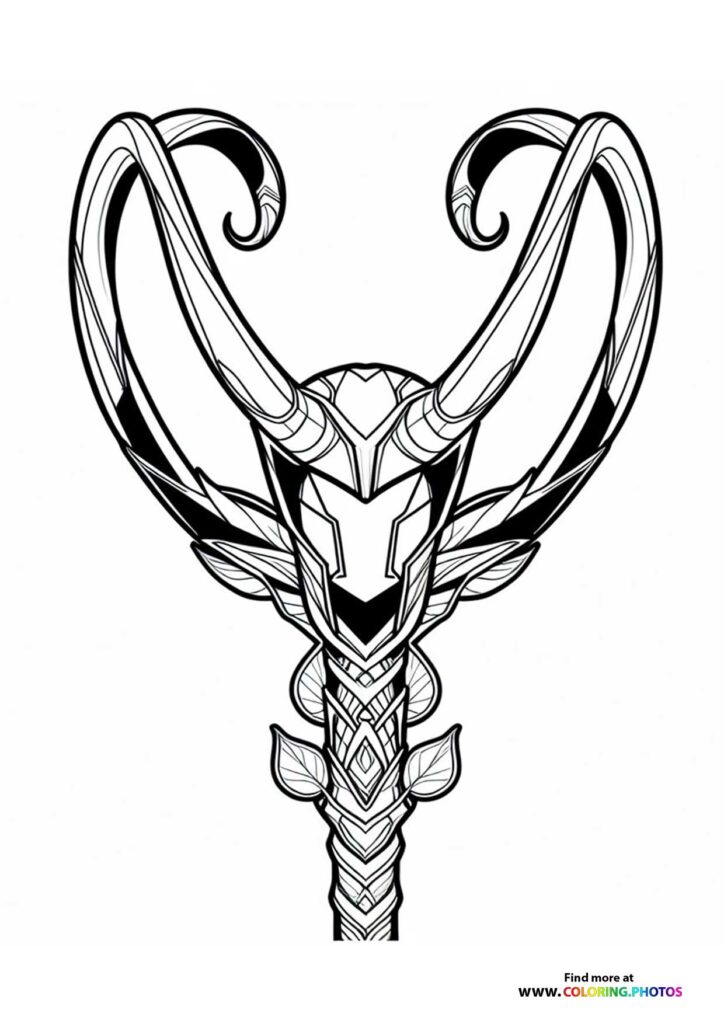 Loki's magical scepter with curved horns and ornamental staff coloring page