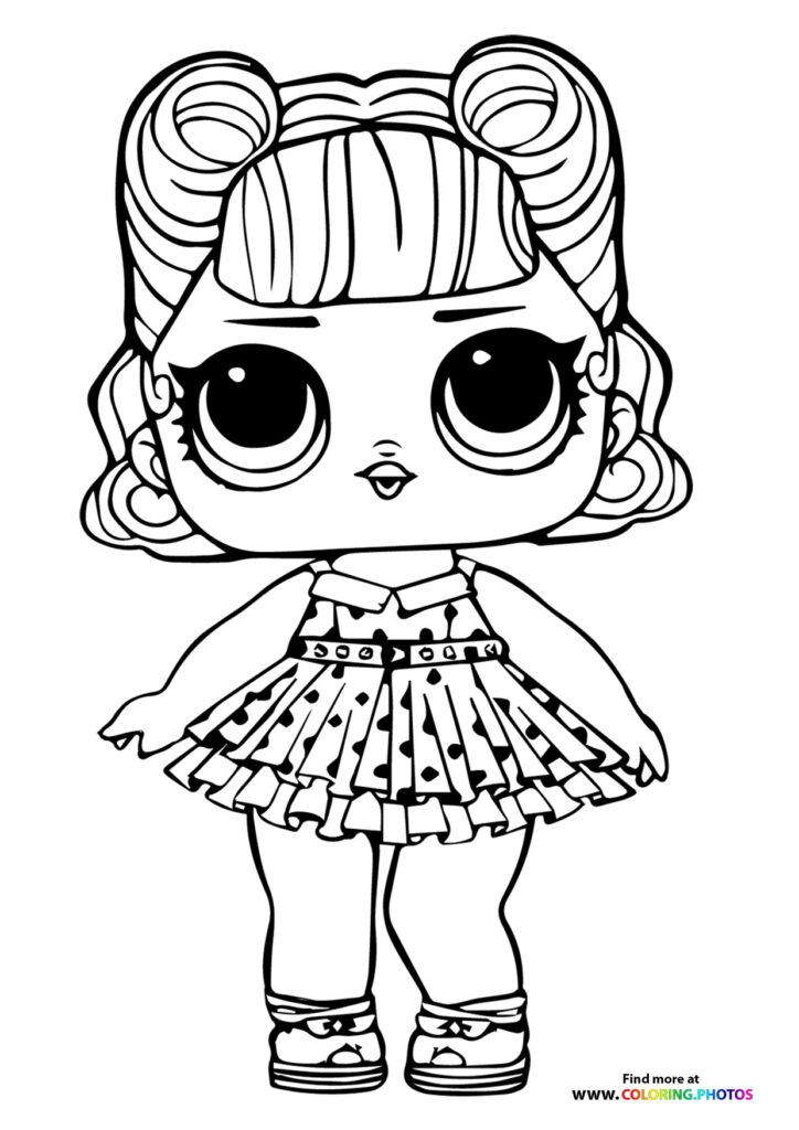 LOL Surprise doll with pigtails, wrapped headband, and polka dot skirt coloring page