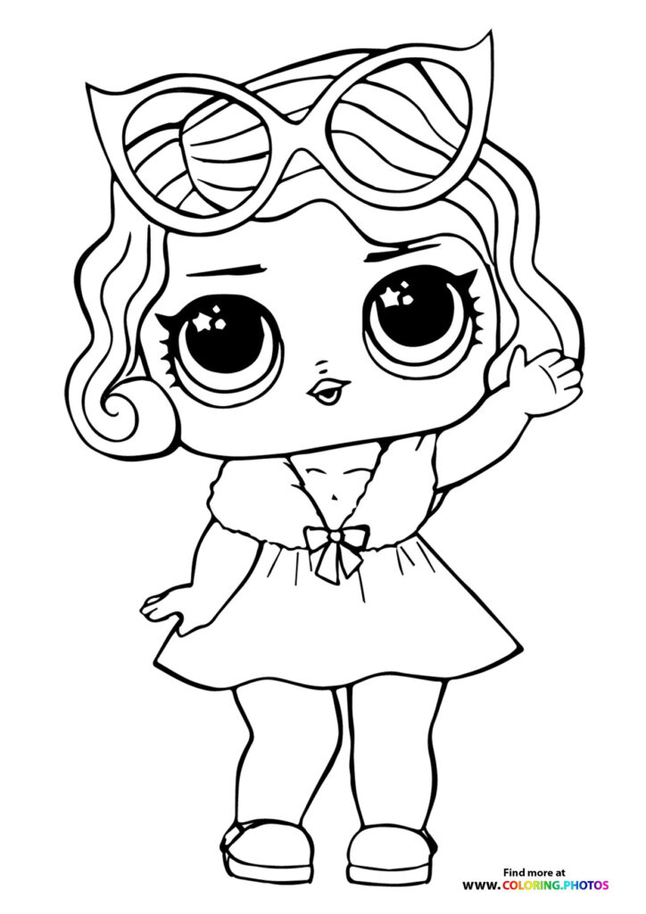 LOL Surprise doll wearing cat-eye sunglasses and a bow dress coloring page