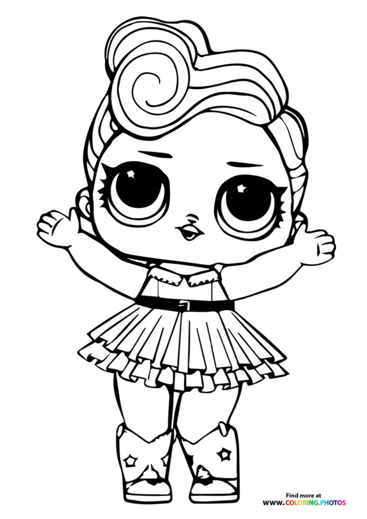 LOL Surprise doll with swirl hair, ruffled skirt, and star boots coloring page