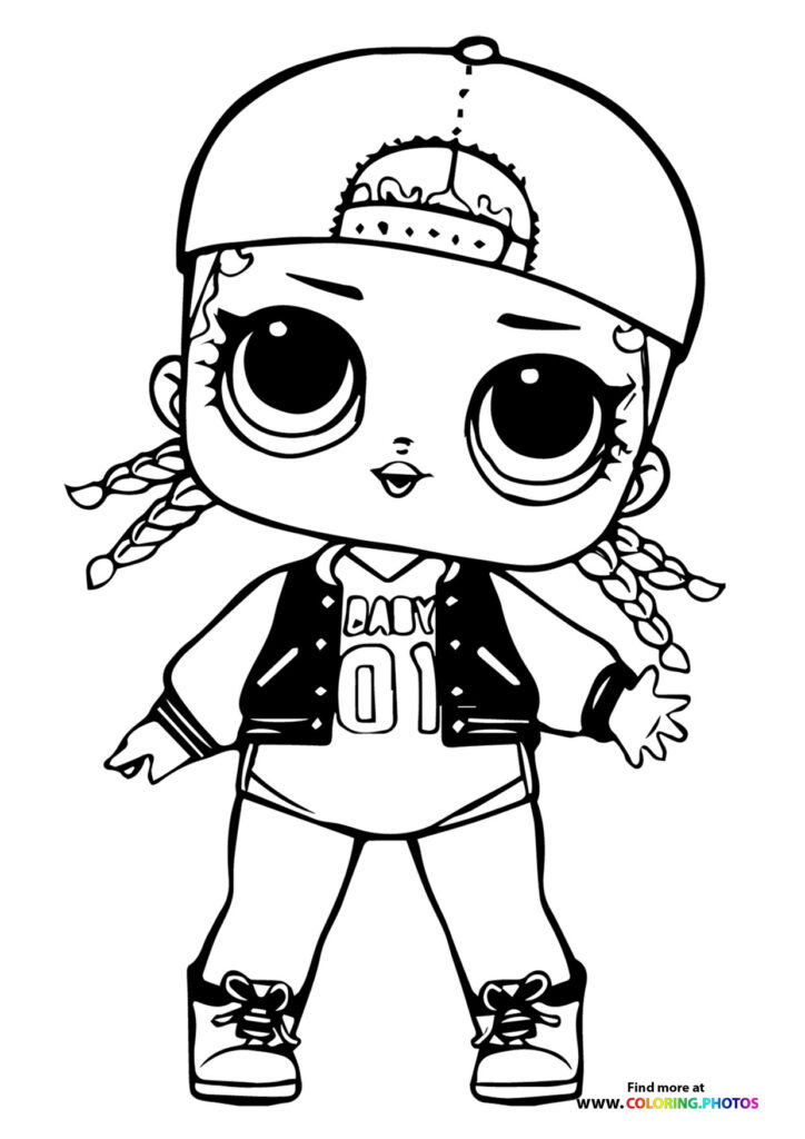 LOL Surprise doll wearing baseball cap, studded jacket, and braids coloring page