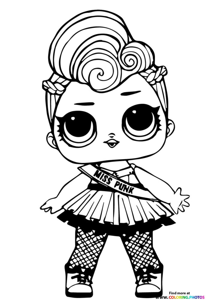 Miss Punk LOL Surprise doll with spiral hair buns, sash, pleated skirt, and fishnet stockings coloring page