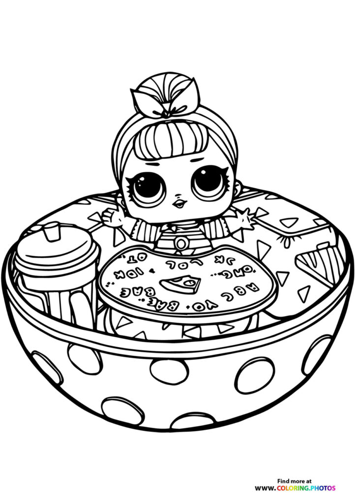 LOL Surprise doll sitting in spherical pod with polka dots and accessories coloring page