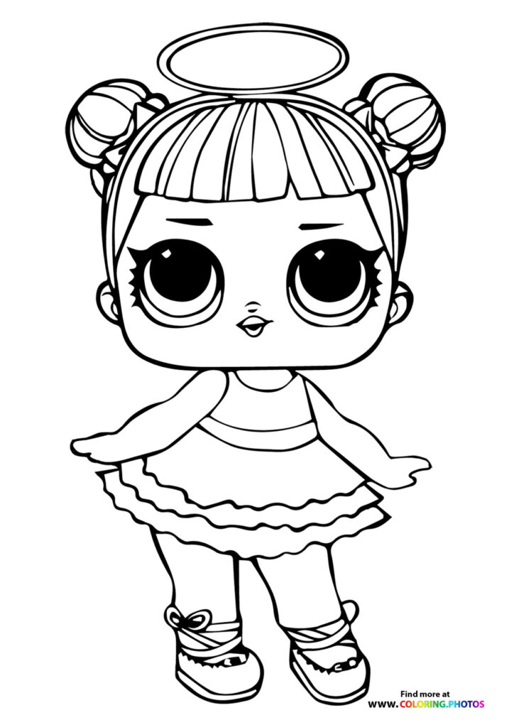 LOL Surprise doll with angel halo, bun hairstyle, tiered skirt, and lace-up boots coloring page