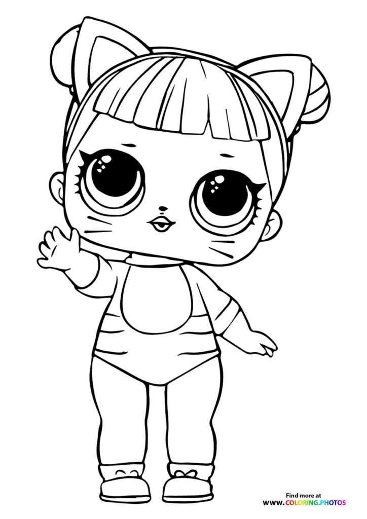 LOL Surprise doll with cat ears, striped swimsuit, and waving hand coloring page