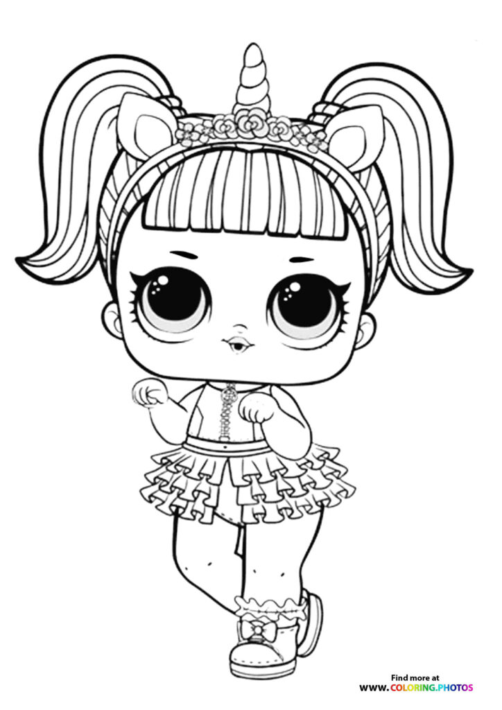LOL Surprise unicorn doll with pigtails, horn headpiece, and ruffled skirt coloring page