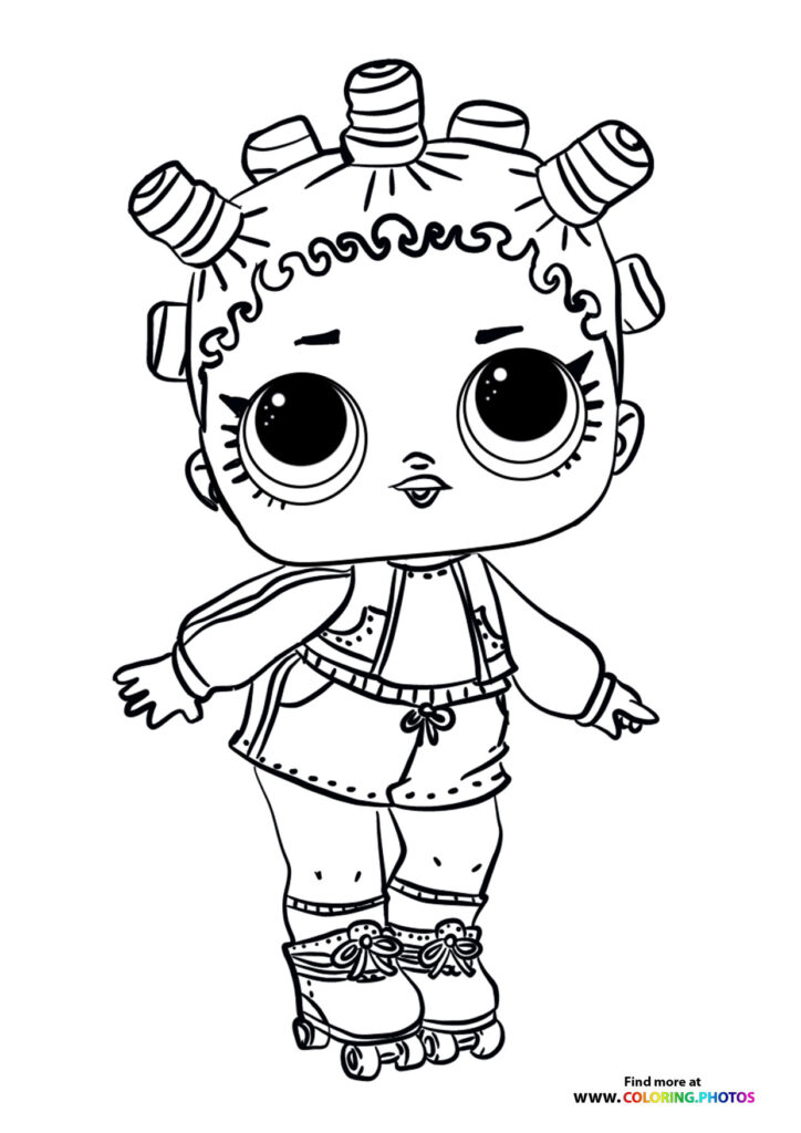 LOL Surprise doll wearing roller skates and colorful outfit with hair ribbons coloring page