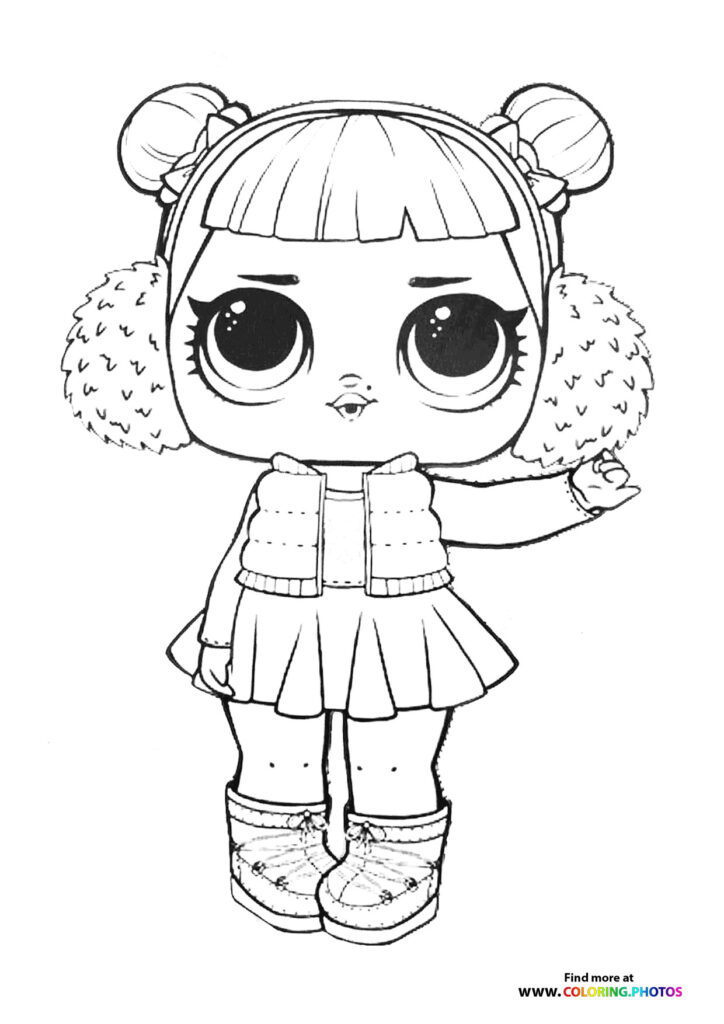 LOL Surprise doll with bun hairstyle, puffy vest, and pleated skirt coloring page