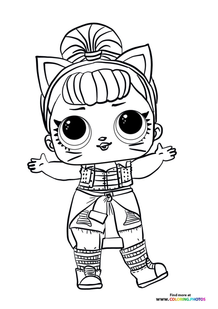 LOL Surprise doll with cat ears, big eyes, bow hairstyle, corset top, and striped leg warmers coloring page