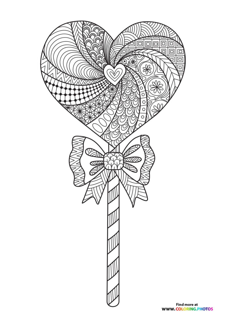 Heart-shaped mandala lollipop with decorative bow and striped stick Valentine coloring page