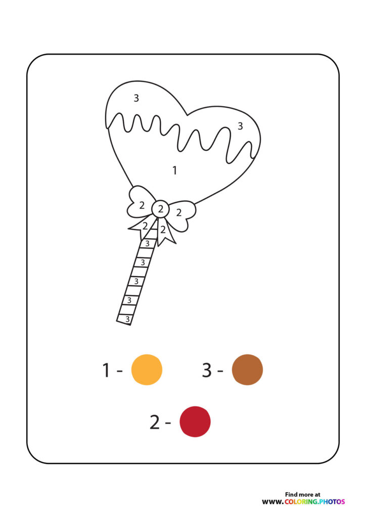 Heart-shaped lollipop with bow color by number coloring page with orange, red, and brown