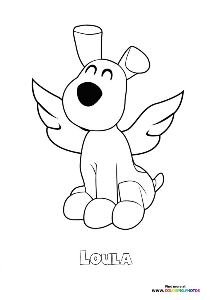 Loula the dog character from Pocoyo with big wings spread wide, cheerful expression coloring page