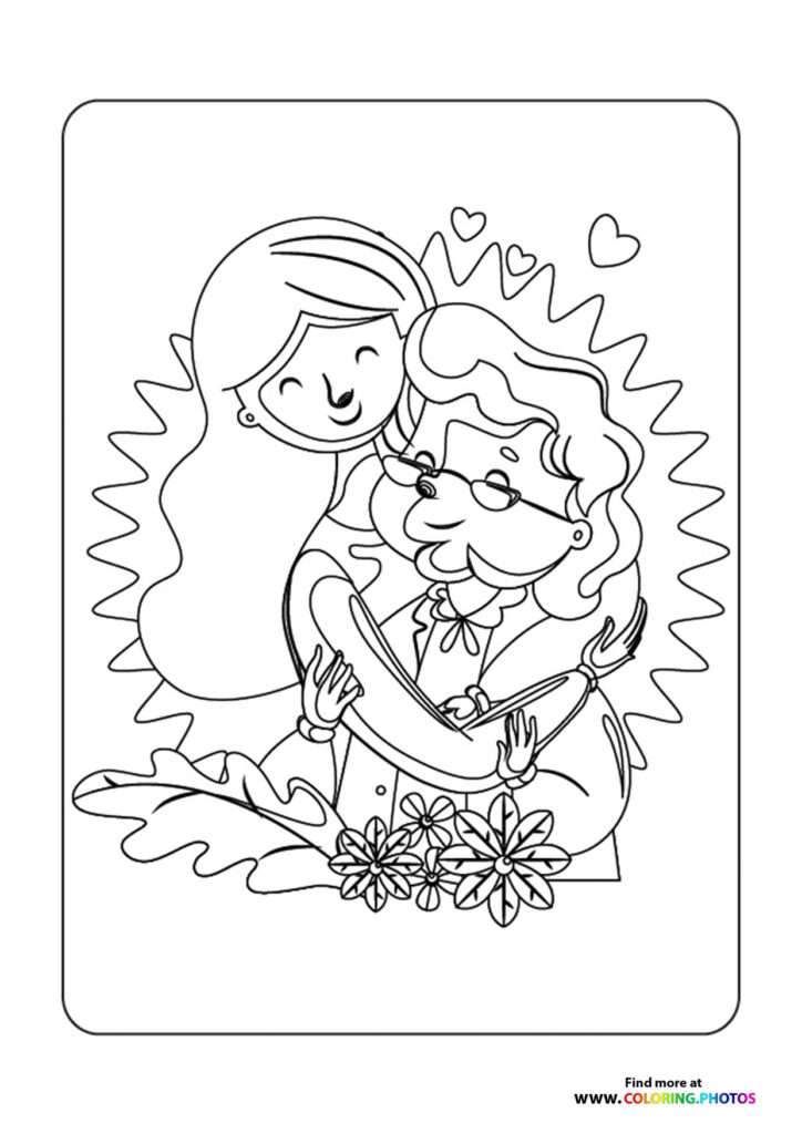 Mother hugging child with hearts and flowers, Mother's Day coloring page