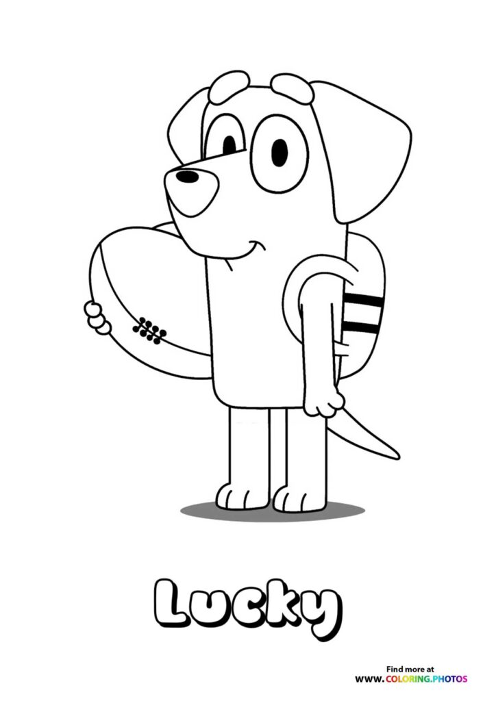 Lucky the dog holding a soccer ball coloring page from Bluey's Neighbours