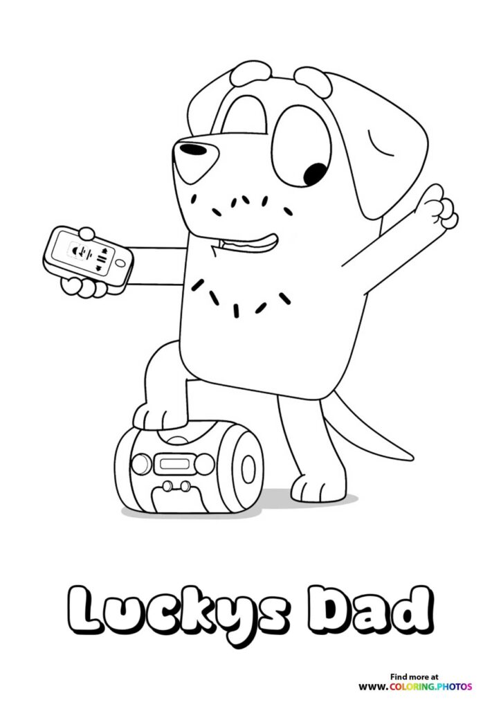 Lucky's dad holding a handheld game and remote control with RC car below coloring page from Bluey