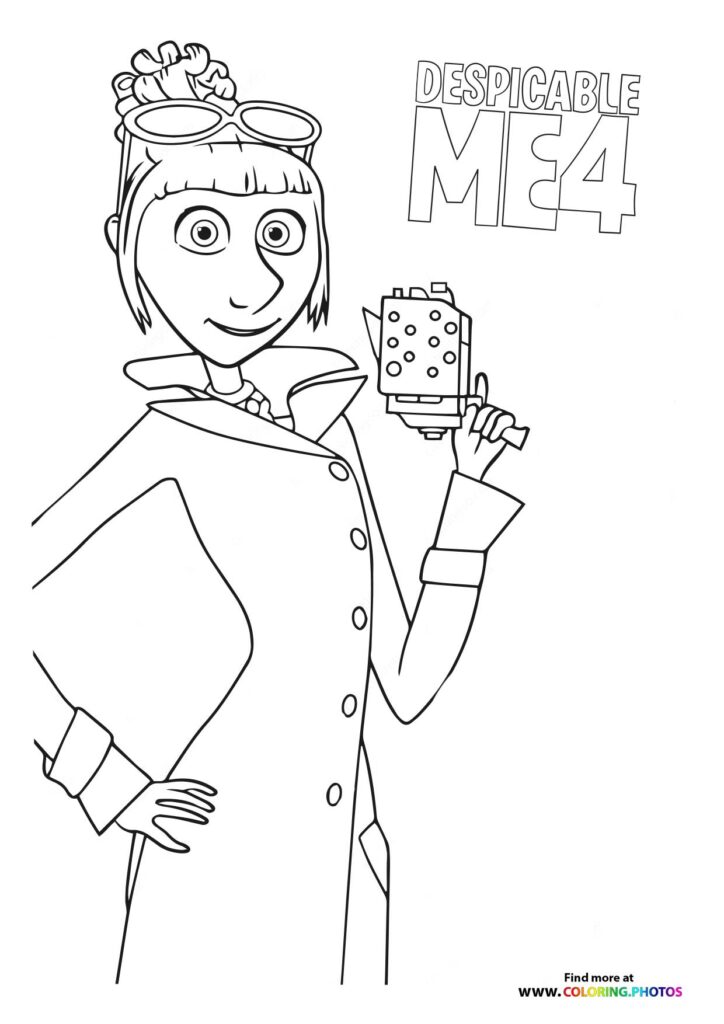 Lucy Wilde in spy outfit holding a tech device coloring page from Despicable Me 4