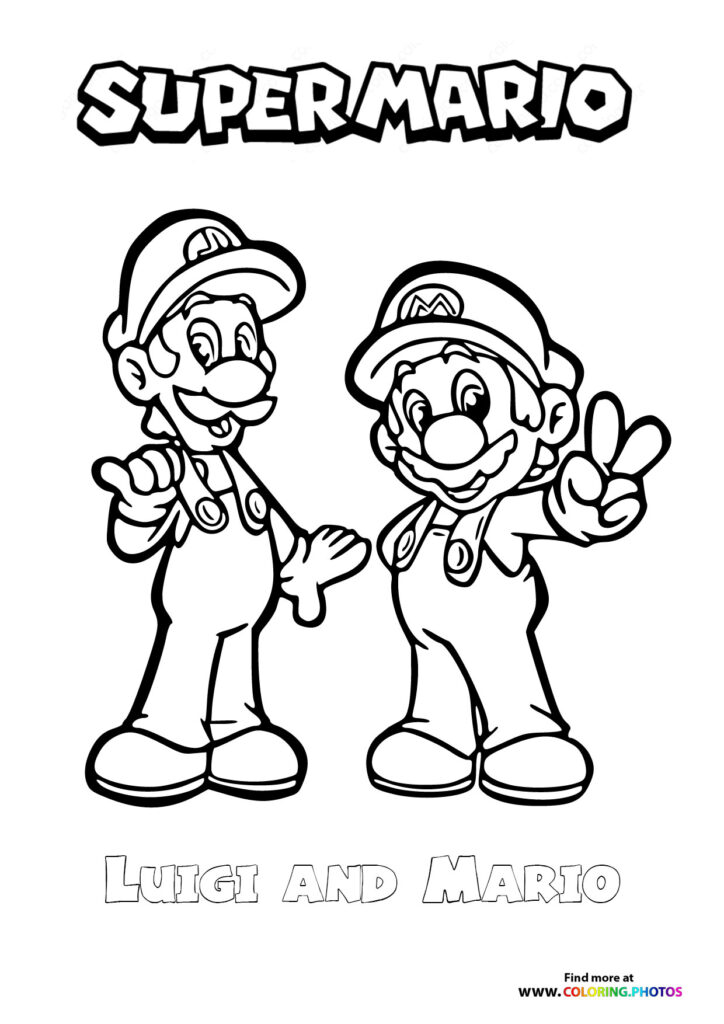 Mario and Luigi standing together, both wearing caps and overalls, coloring page from Super Mario