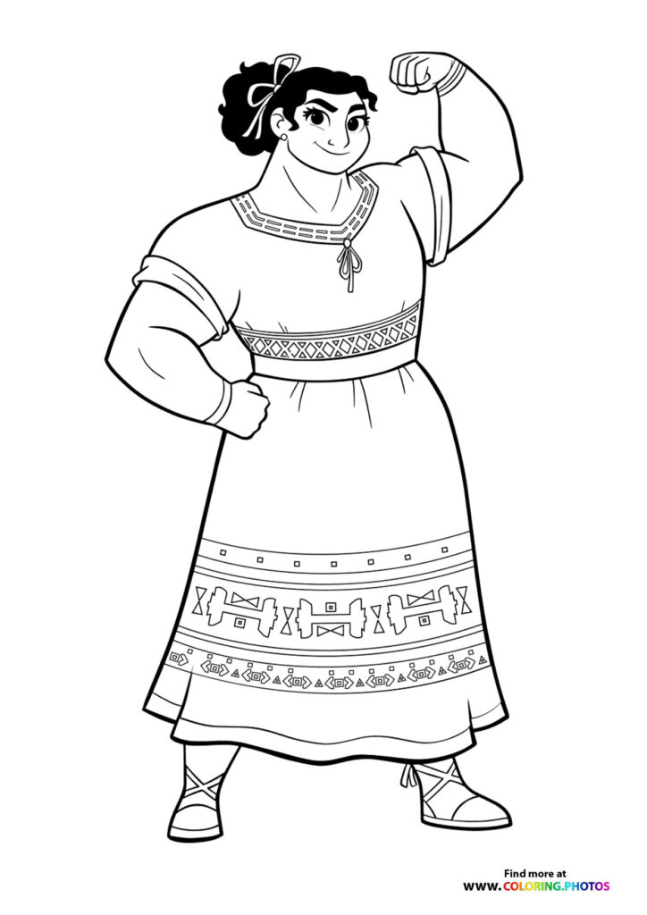 Mirabel from Encanto flexing her arm in traditional dress with patterned skirt coloring page