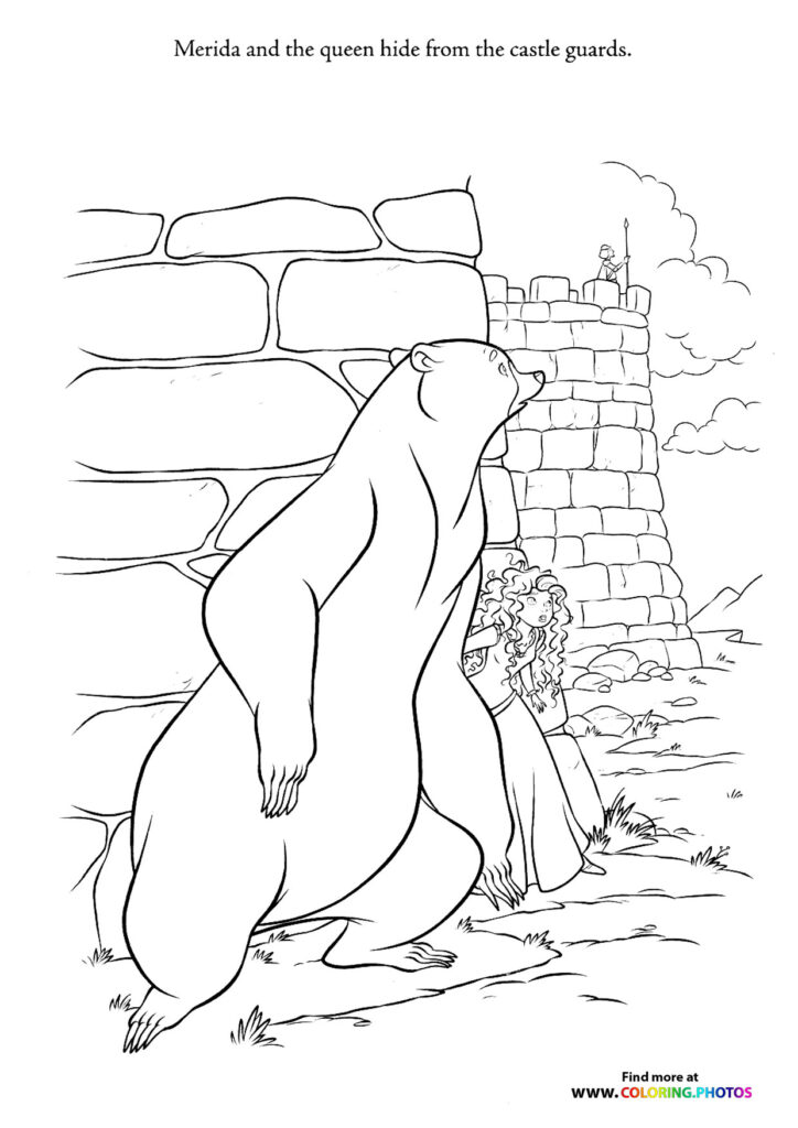 Merida and Queen Elinor hiding behind a stone wall from castle guards coloring page from Brave