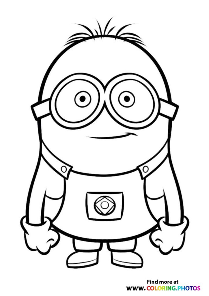 Two-eyed minion with spiky hair, large goggles, overalls and gloved hands coloring page from Minions