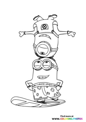 Minions Stuart and Bob surfing Coloring Page