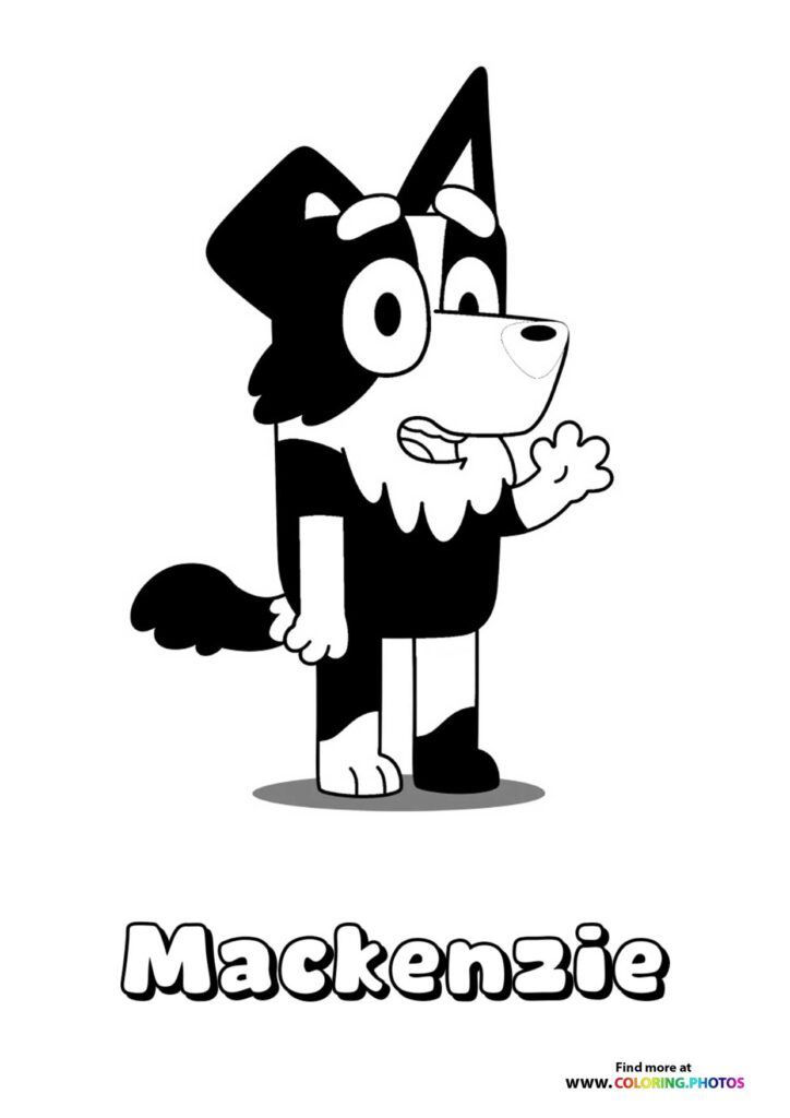 Mackenzie from Bluey waving cheerfully, a spotted dog character coloring page