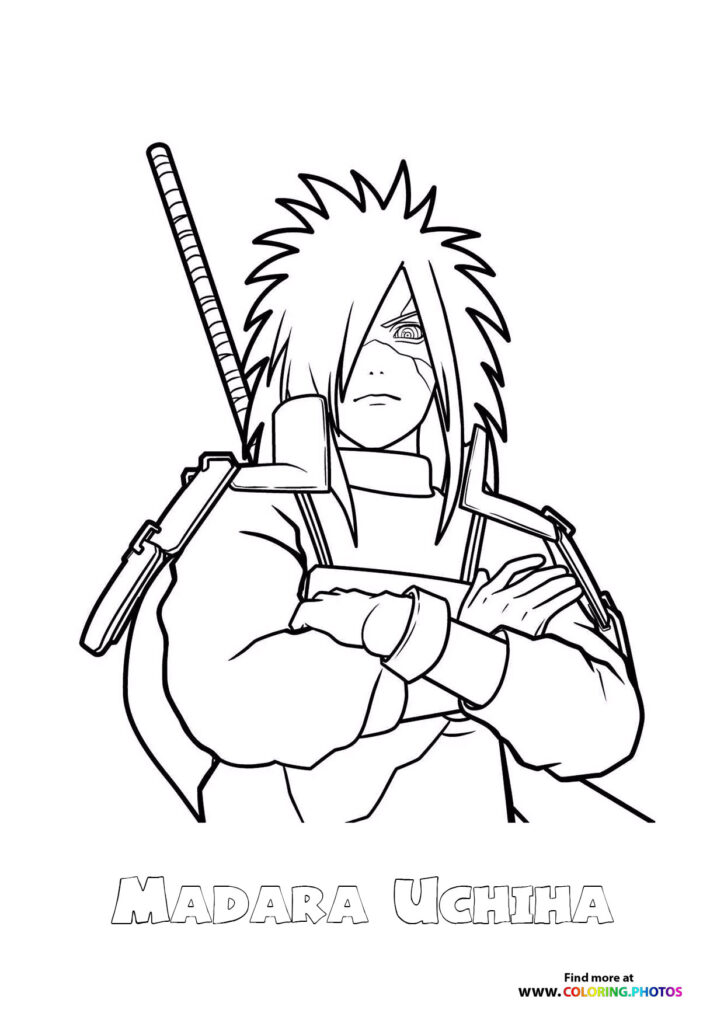 Madara Uchiha with spiky hair and curved sword coloring page from Naruto anime