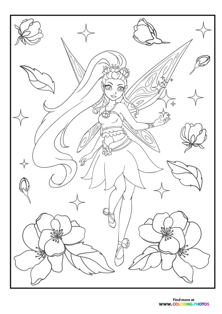 Fairy with flower crown, fairy wings, and flowing dress surrounded by flowers and stars coloring page