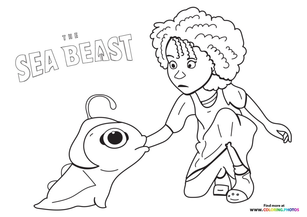Maisie touching the Sea Beast's head, both facing each other, from Netflix's The Sea Beast coloring page