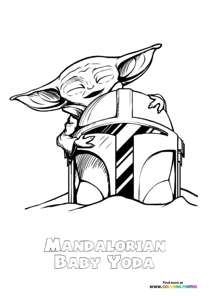 Baby Yoda sitting inside a Mandalorian helmet with striped armor pattern coloring page