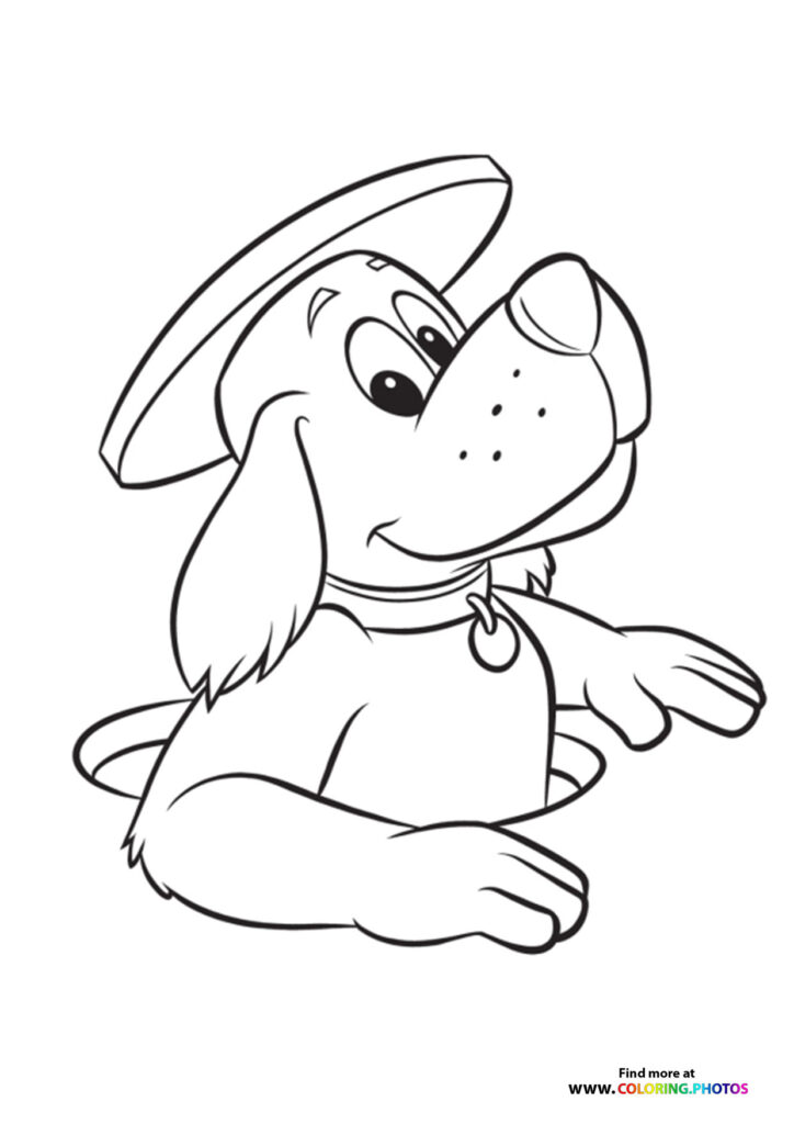Go Dog wearing a large sombrero hat and collar with tag, smiling playfully coloring page