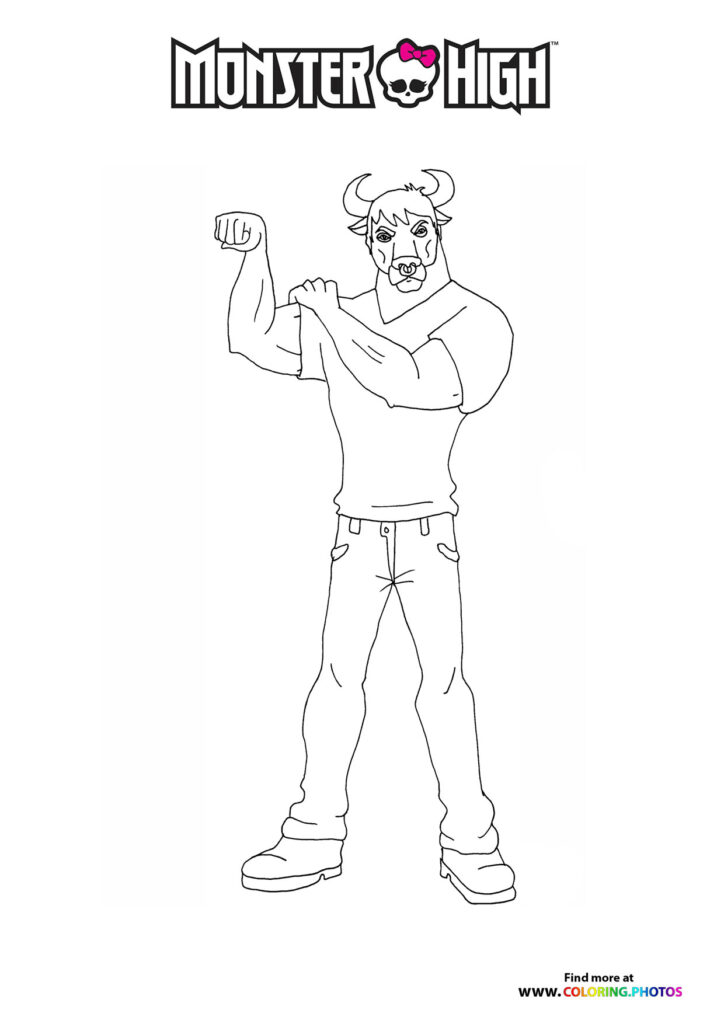 Bull-headed Monster High character flexing muscles with horns and casual clothing coloring page