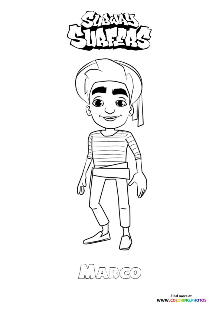 Marco from Subway Surfers wearing striped shirt and white beanie, standing with a friendly smile coloring page