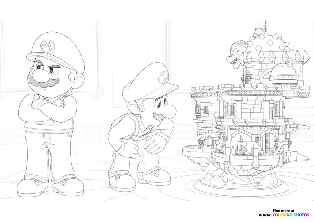 Mario and Luigi standing before Princess Peach's Castle floating in space, Super Mario Galaxy Movie coloring page