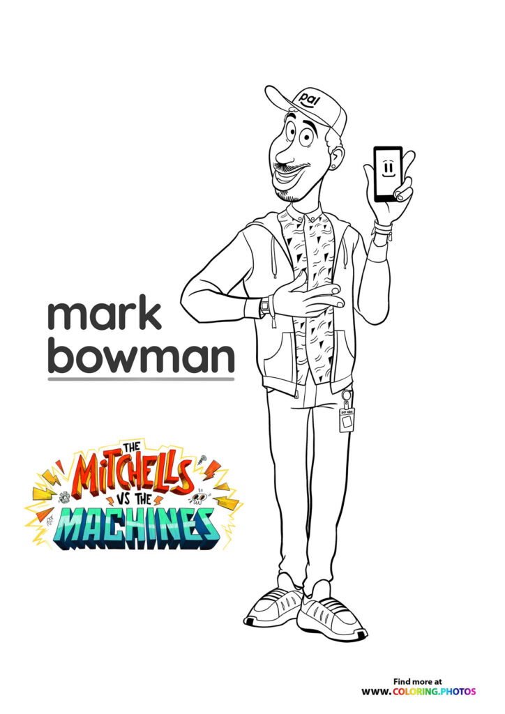 Mark Bowman holding a smartphone wearing a PAI cap and patterned shirt coloring page from The Mitchells vs the Machines