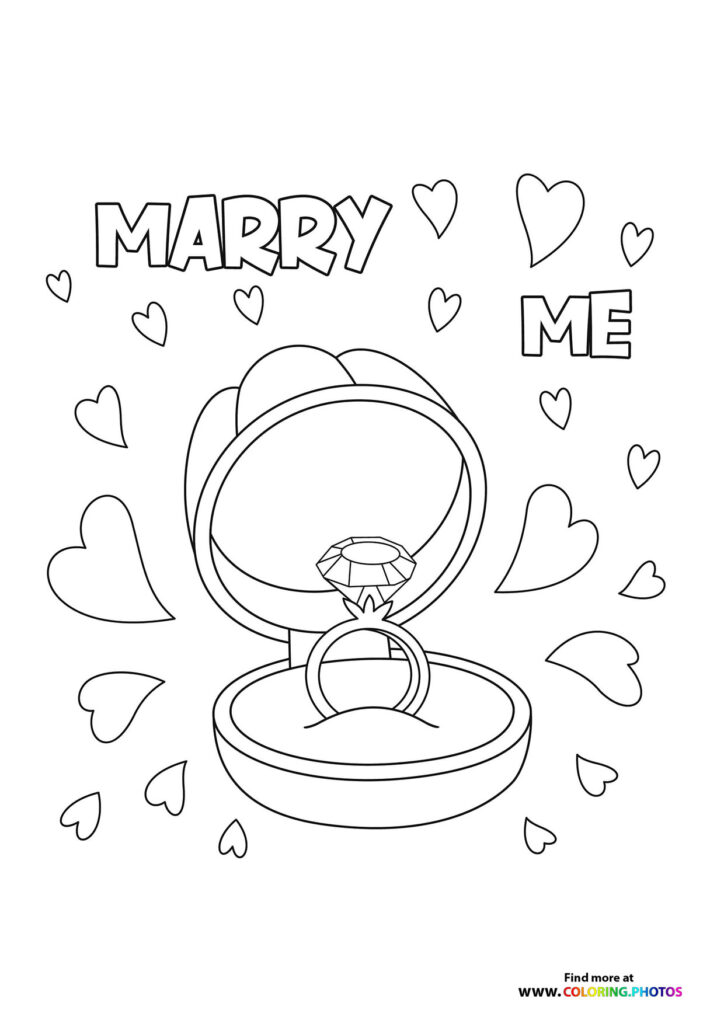 Engagement ring in open box with diamond stone, surrounded by hearts and 'Marry Me' text coloring page