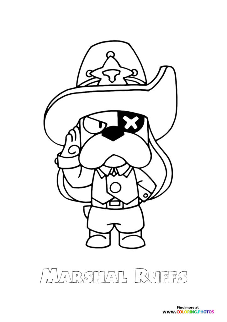 Marshal Ruffs from Brawl Stars wearing a large cowboy hat and eye patch coloring page