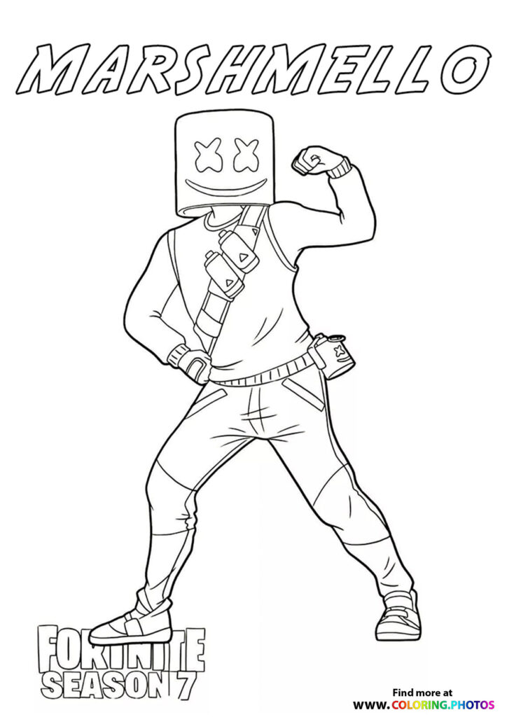Marshmello from Fortnite standing in a bold pose with oversized marshmallow head and X eyes, wearing armor and tactical gear