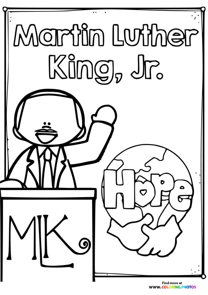 Martin Luther King Jr. at podium with raised fist and Hope speech bubble coloring page