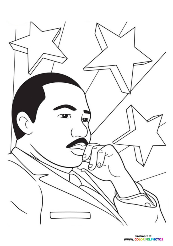 Martin Luther King Jr. portrait with raised hand and decorative stars coloring page