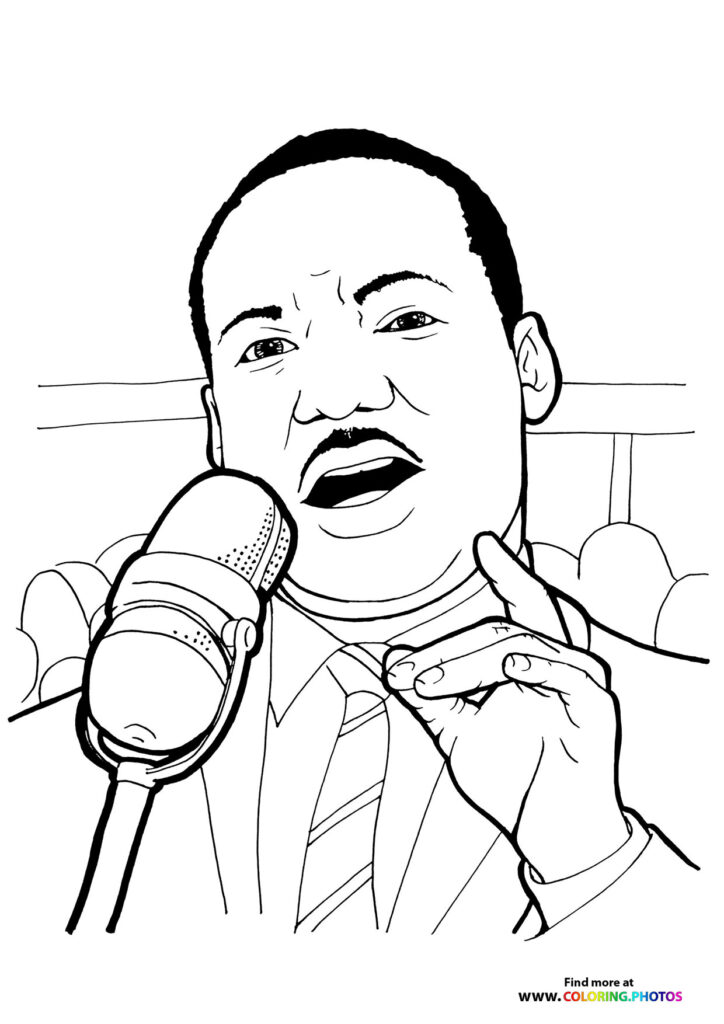 Martin Luther King Jr. speaking into a microphone with raised hand coloring page